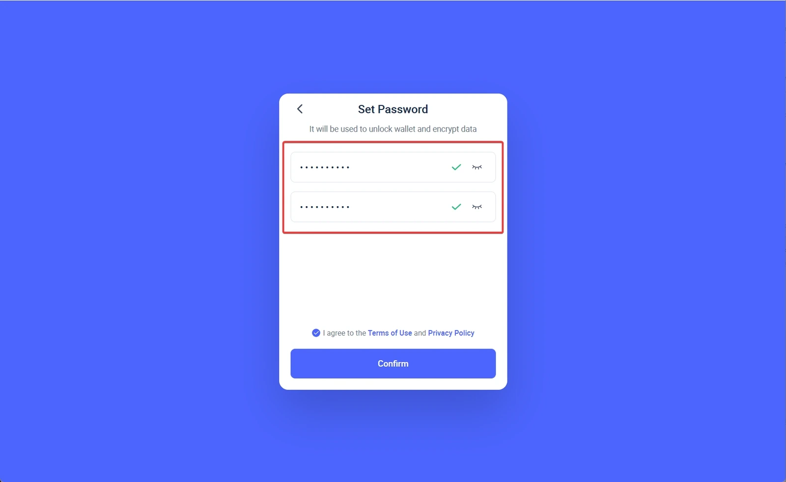 Password setup screen in Rabby Wallet