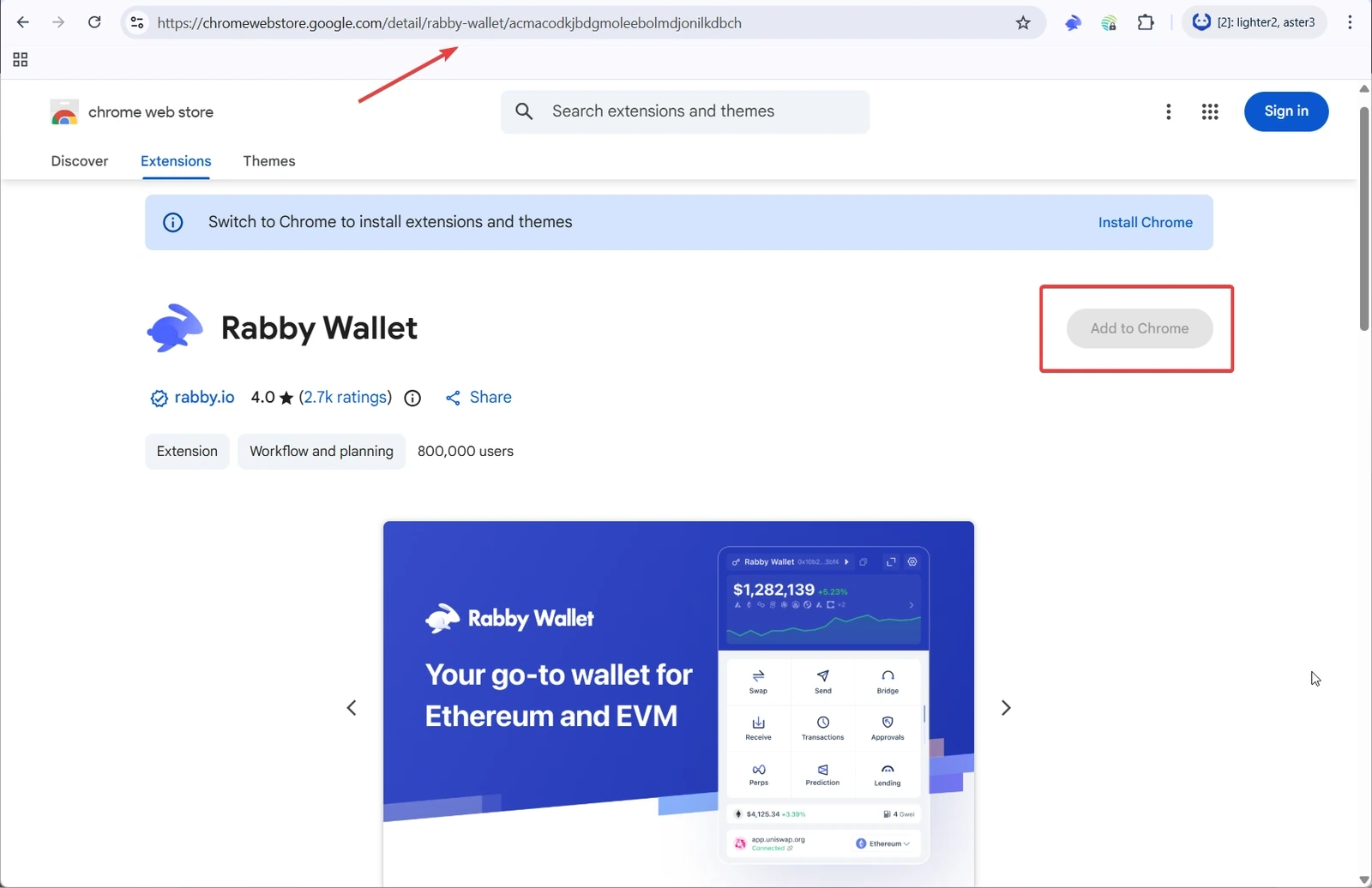 Rabby Wallet page in Chrome Web Store before installation