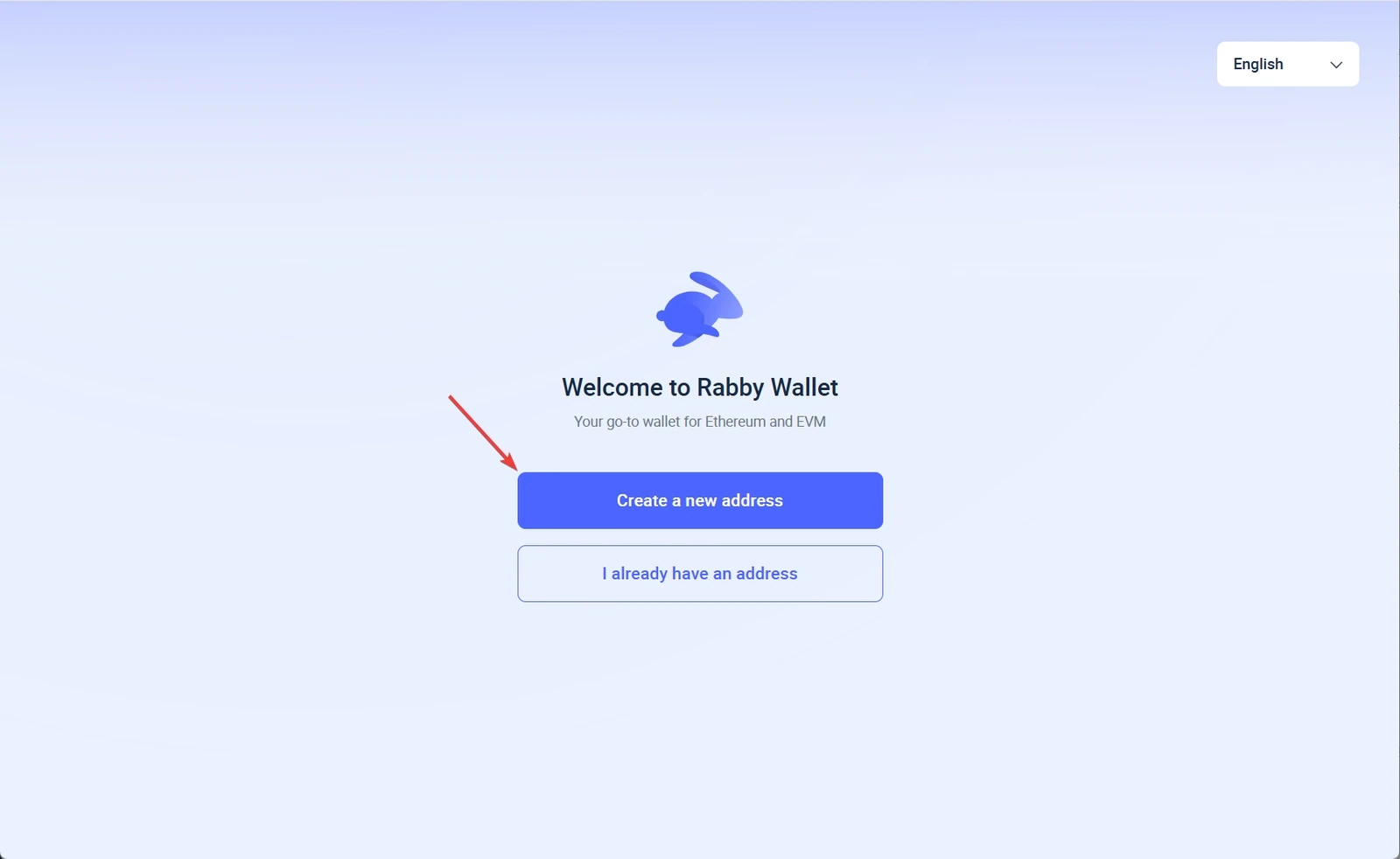 Перший екран Rabby Wallet з вибором створення або імпорту гаманця