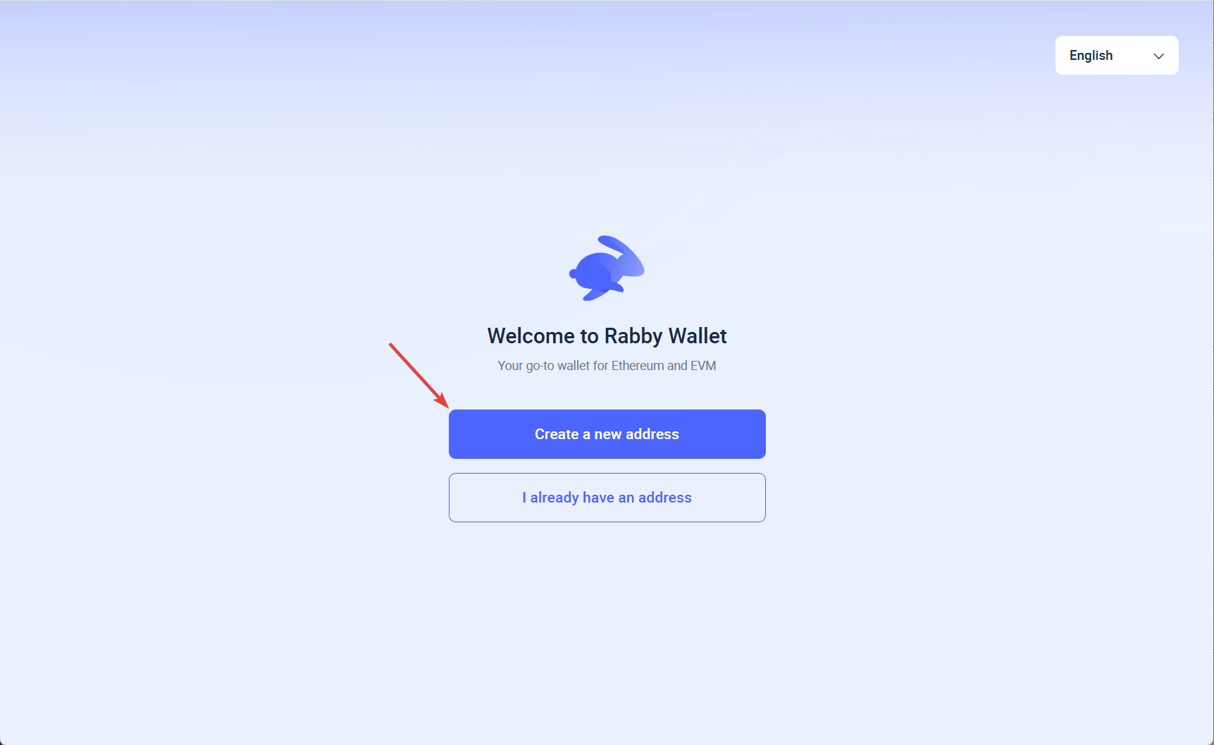 Первый экран Rabby Wallet с выбором создания или импорта кошелька