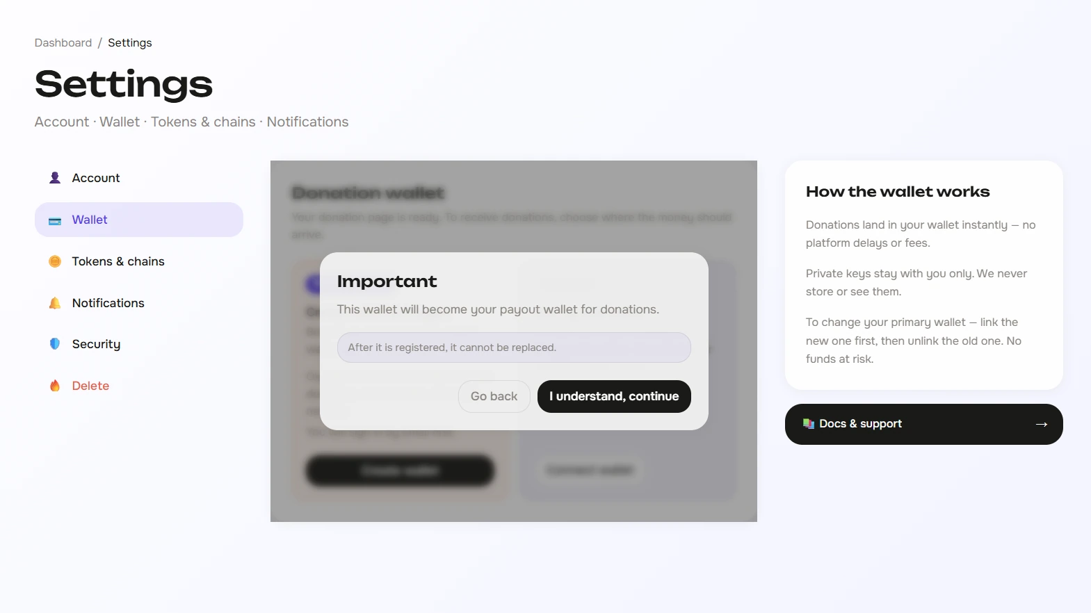 Warning that the payout wallet cannot be replaced