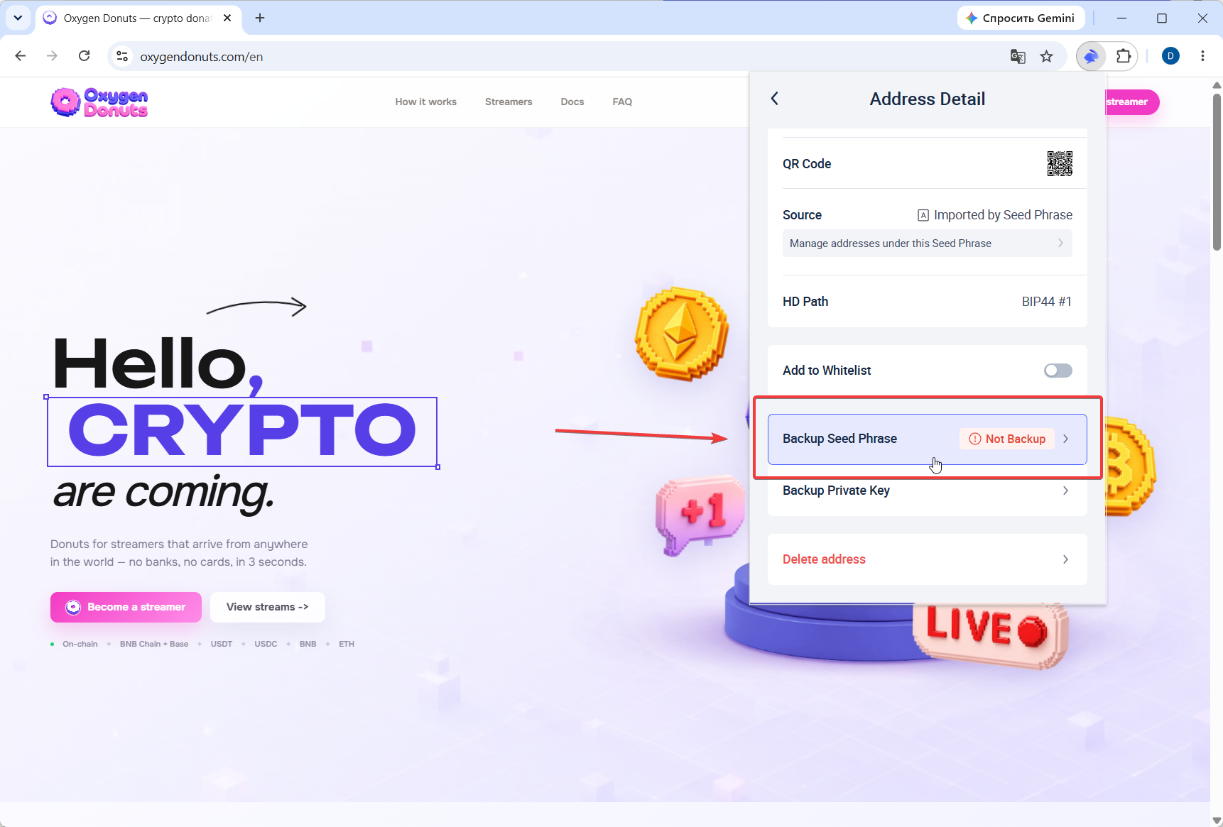 Экран backup recovery phrase в Rabby Wallet с замазанными словами