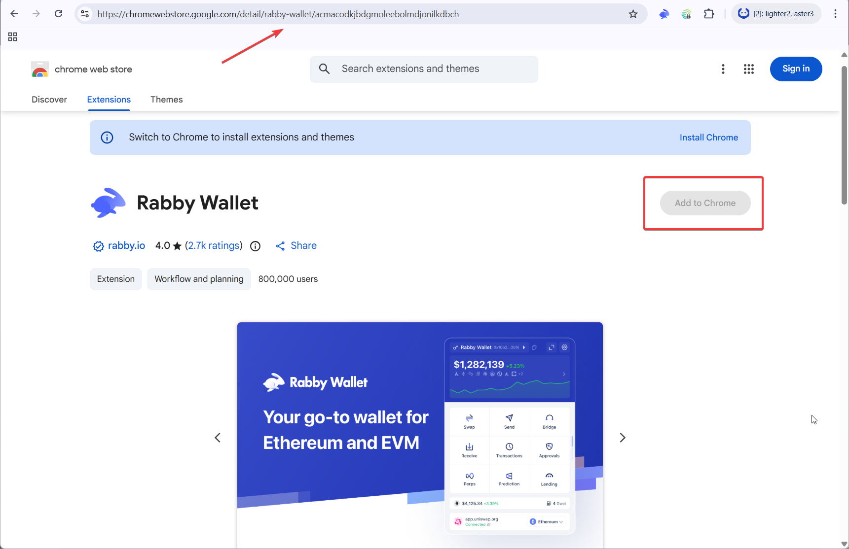 Страница Rabby Wallet в Chrome Web Store перед установкой