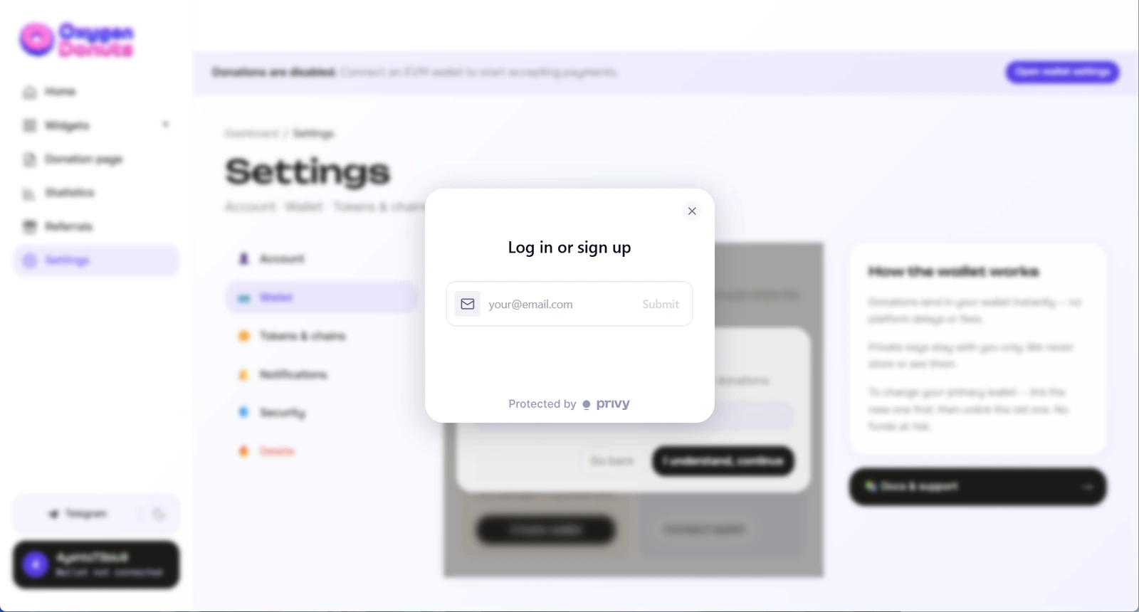 Вход по email для создания кошелька в Oxygen
