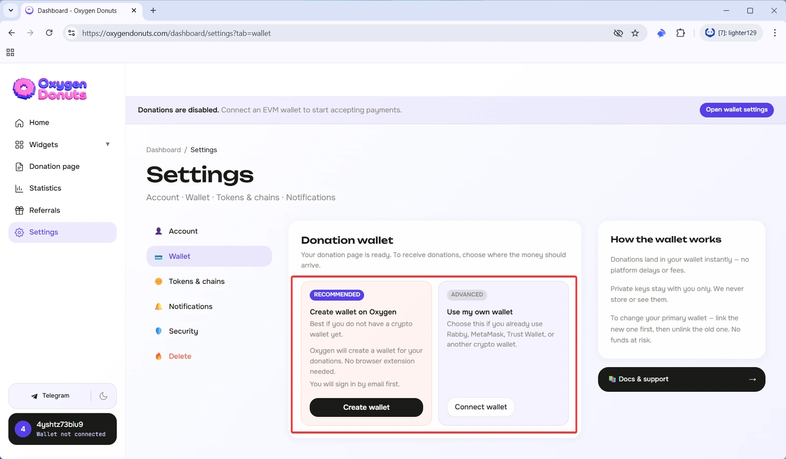 Choosing a donation wallet in Oxygen settings
