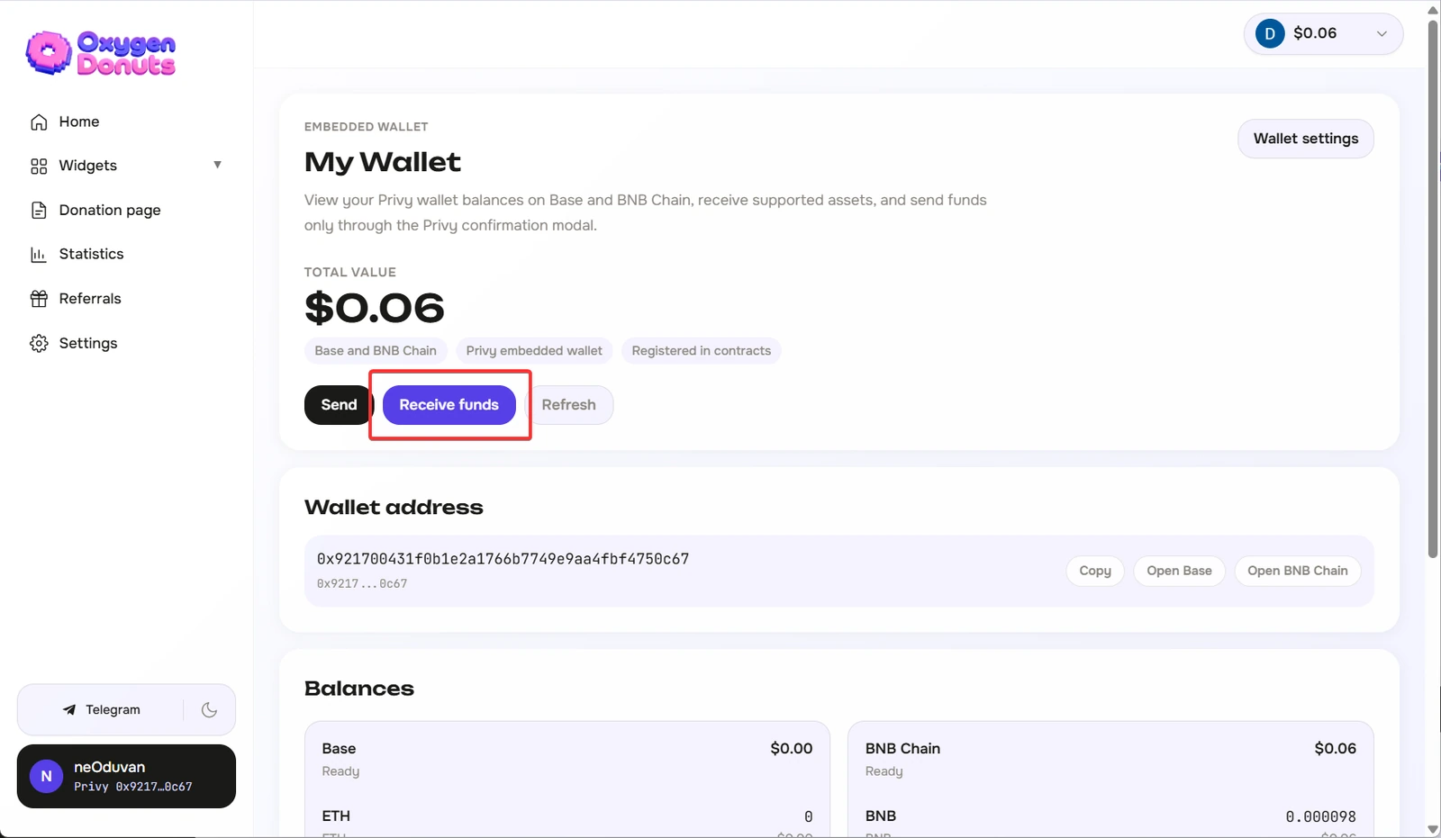 Страница My Wallet в Oxygen Donuts